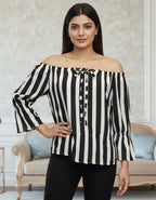 Striped Off-Shoulder Top with Tie-Up Front | Viigobella