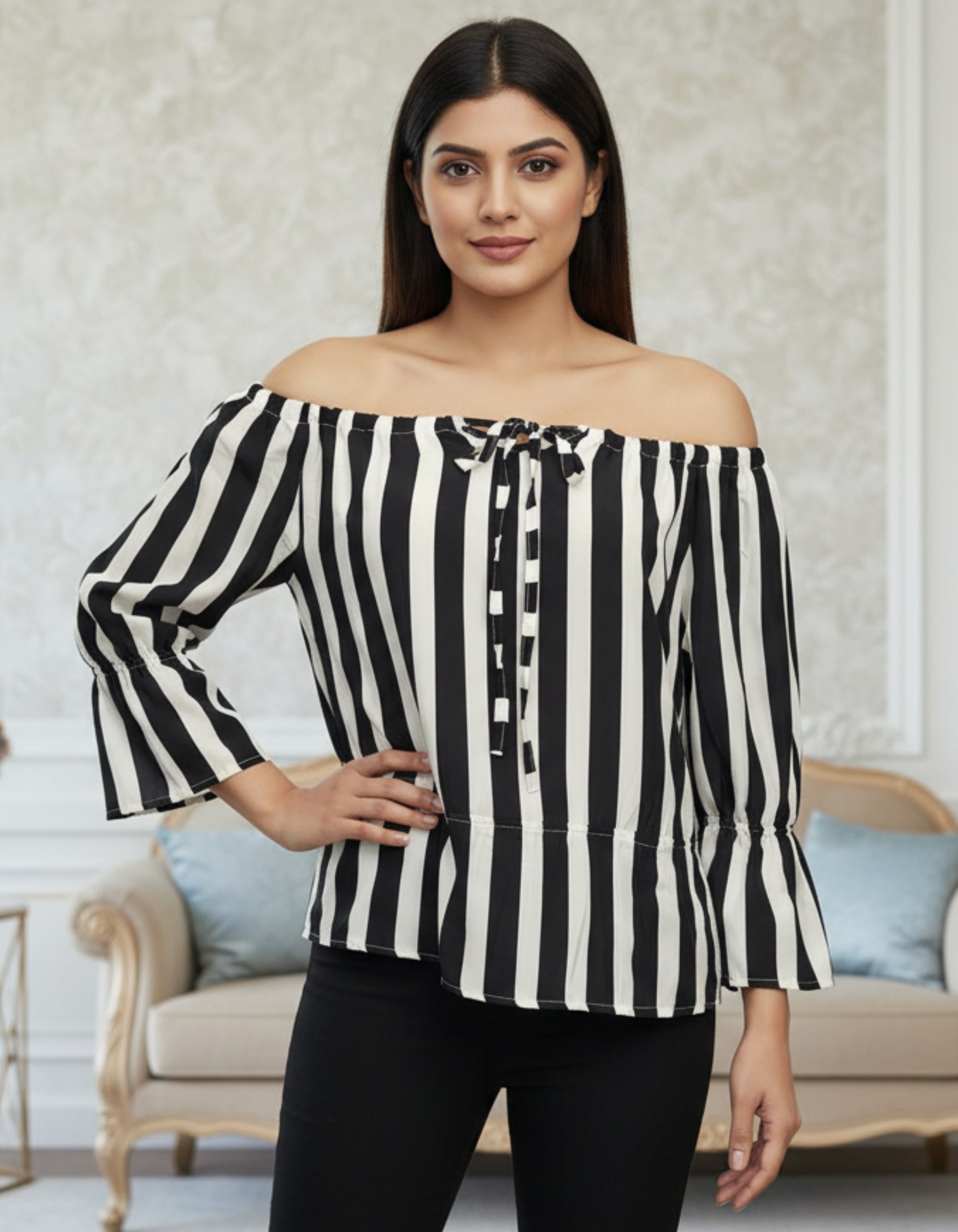 Striped Off-Shoulder Top with Tie-Up Front | Viigobella
