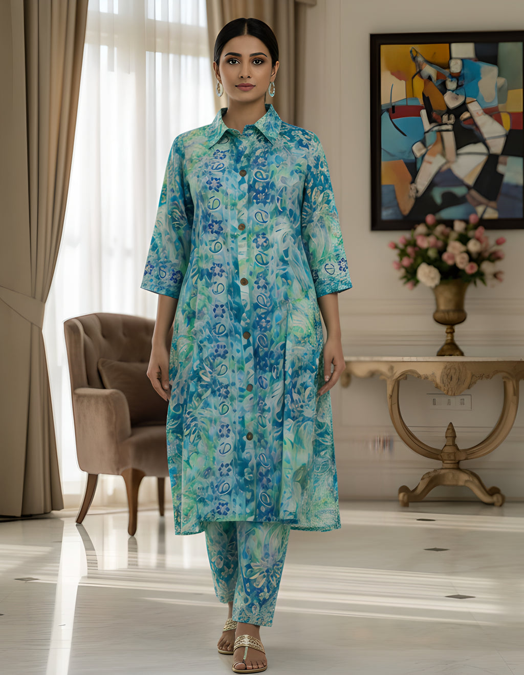 Aqua Blue Abstract Long Shirt Kurta Co-ord Set in Kasturi Silk – Viigobella