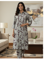 Grey Leaf Print Long Shirt Co-ord Set for Women