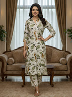Olive Leaf Print Long Shirt Co-ord Set for Women