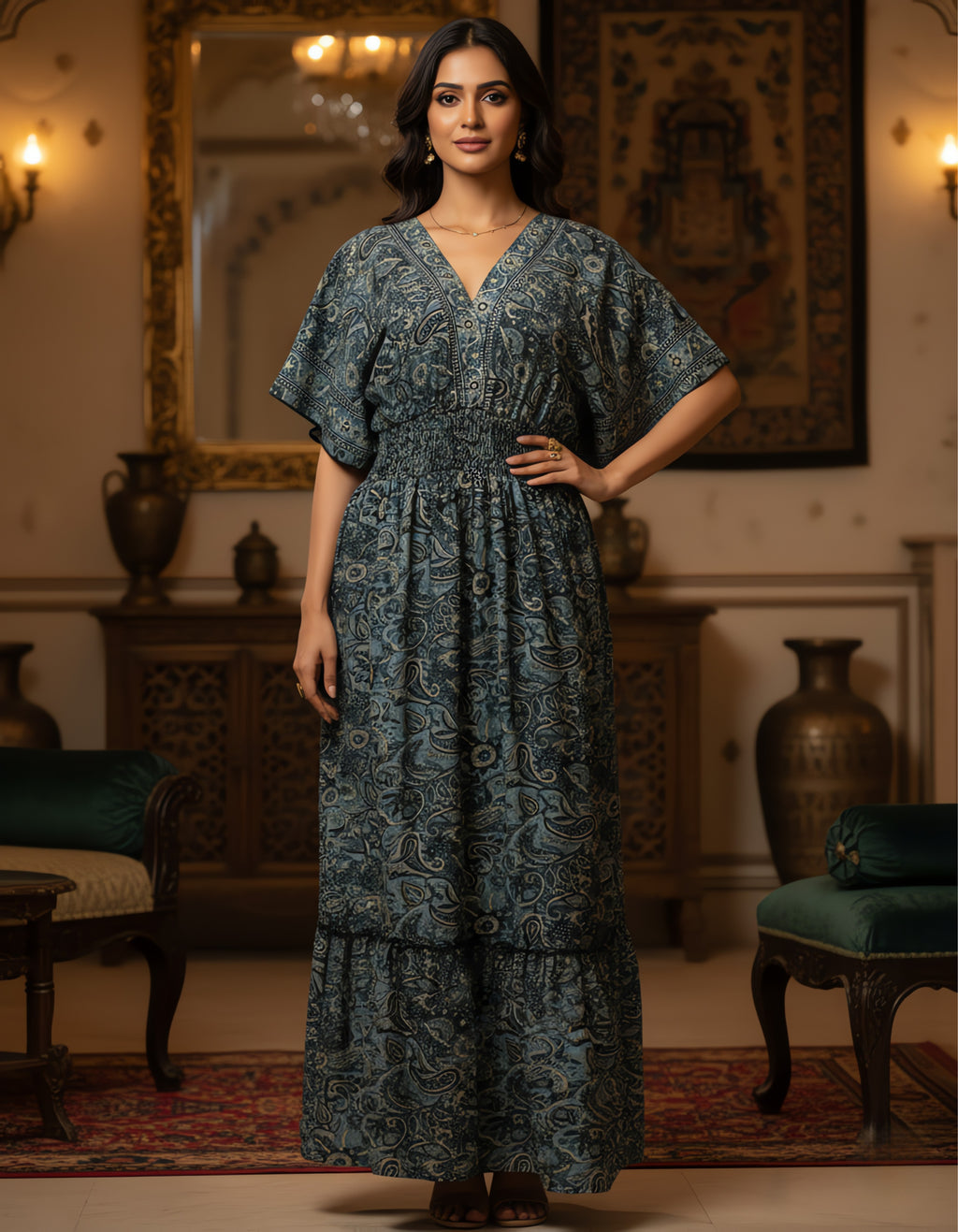 Viigobella Premium Kasturi Silk Printed Maxi Dress with Smocked Waist