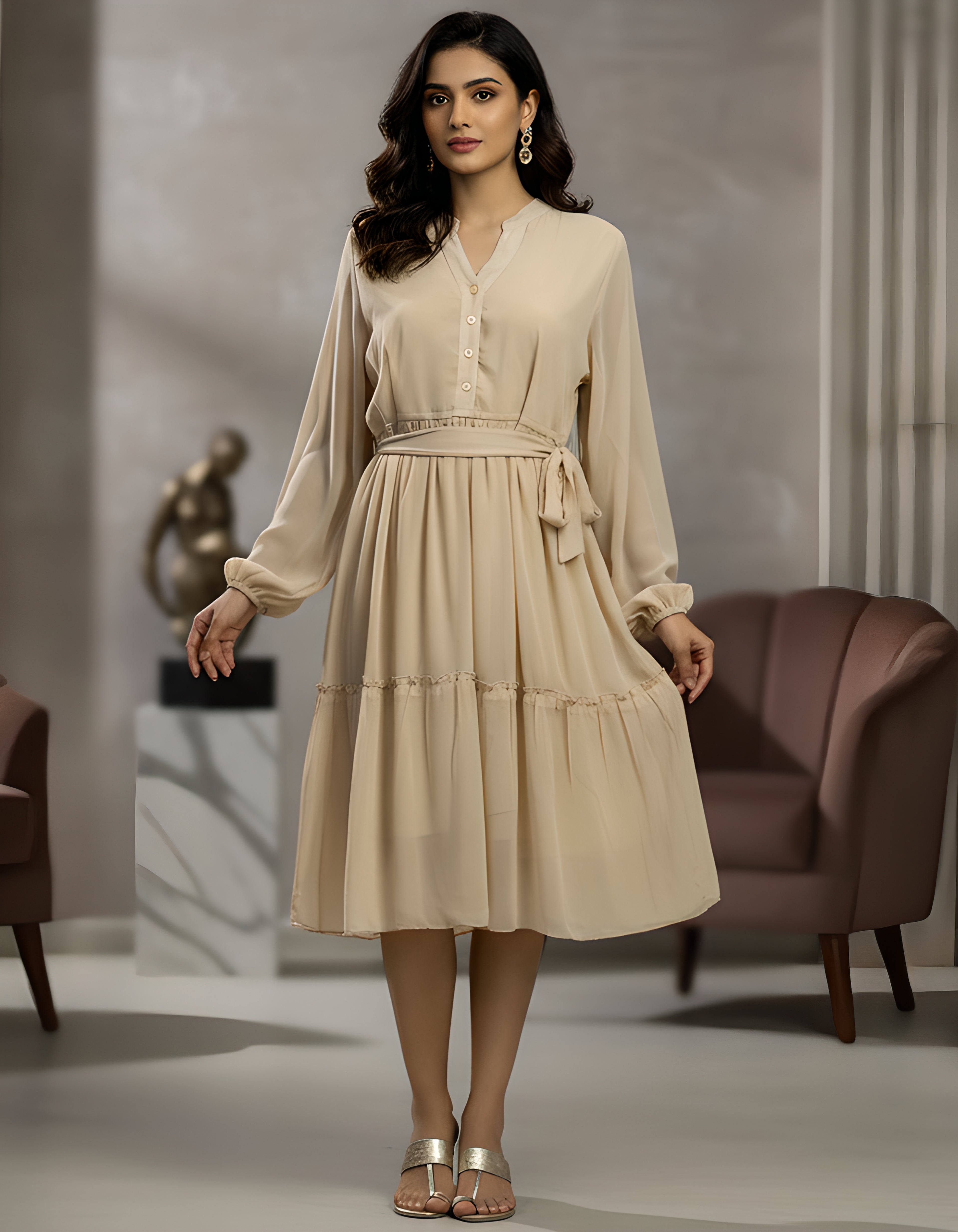 Viigobella Premium Georgette Midi Dress with Waist Belt & Long Sleeves