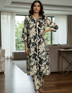 Black & Cream Abstract Long Shirt Co-ord Set in Kasturi Silk – Viigobella