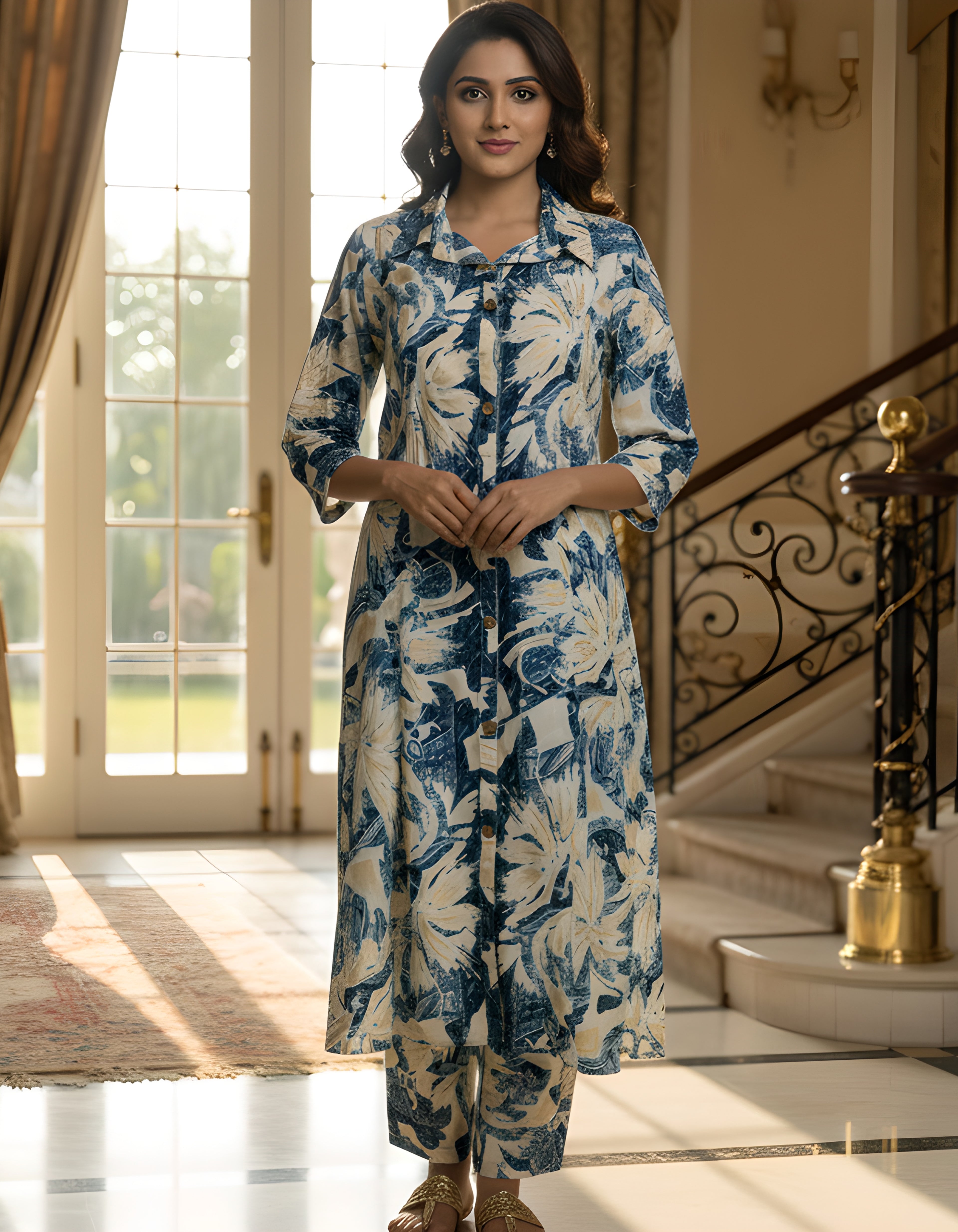Blue & Cream Floral Long Shirt Kurta Co-ord Set in Kasturi Silk – Viigobella