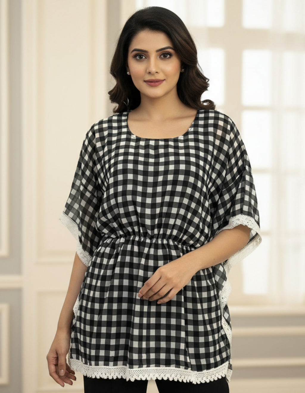 Black & White Checkered Georgette Kaftan Top with Lace Border | Viigobella