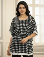 Black & White Checkered Georgette Kaftan Top with Lace Border | Viigobella