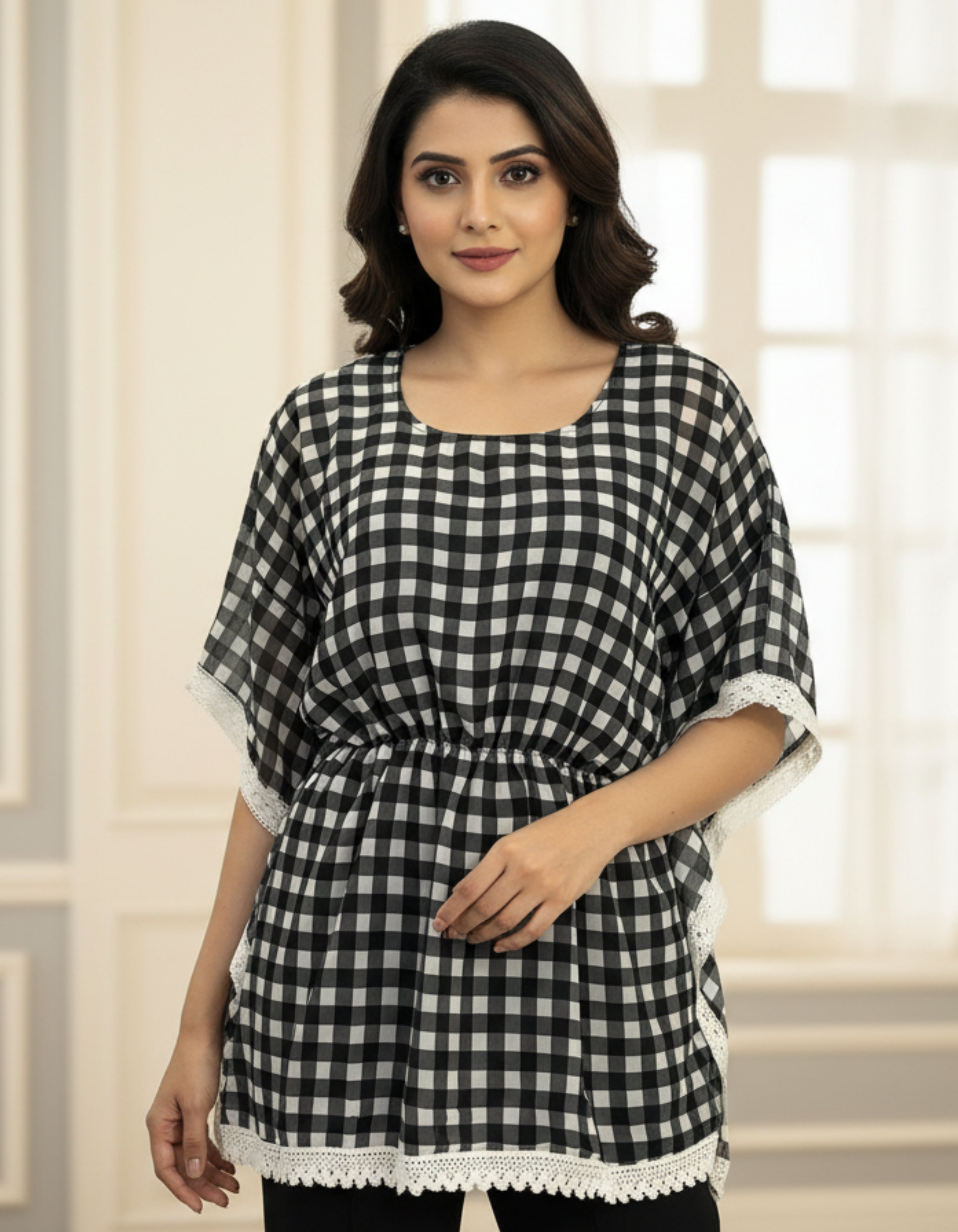 Black & White Checkered Georgette Kaftan Top with Lace Border | Viigobella