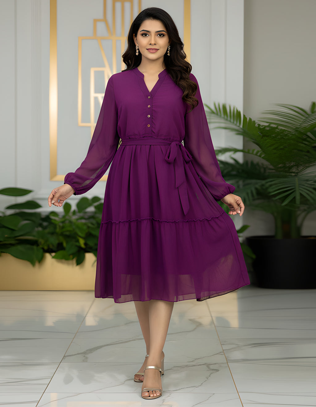 Premium Solid Georgette Midi Dress with Belt & Full Sleeves