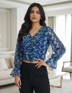 Blue Abstract Print Georgette Crop Top with Flounce Sleeves | Viigobella