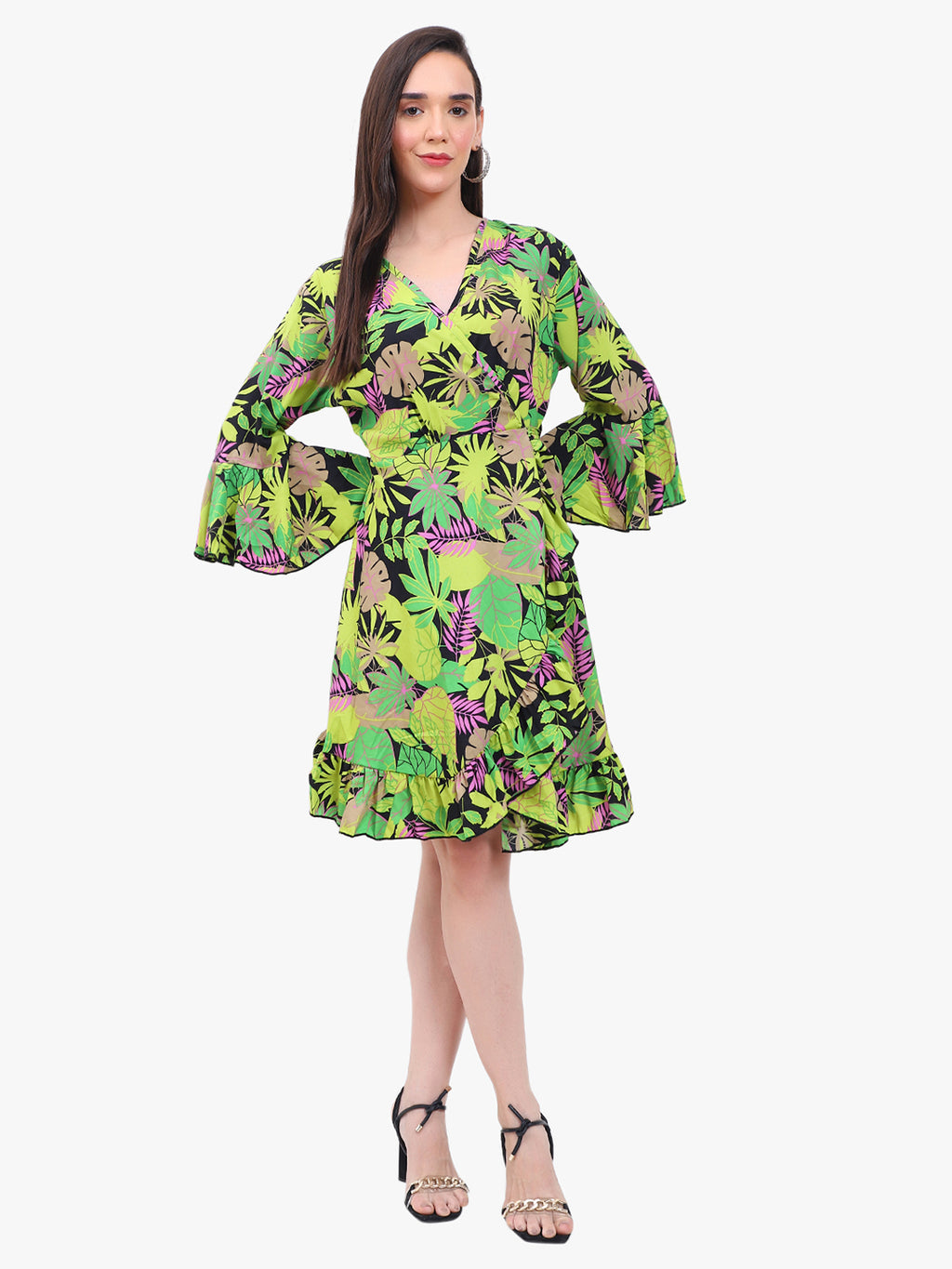 Women’s Printed Crepe Short Dress with Flared Sleeves – Export Quality