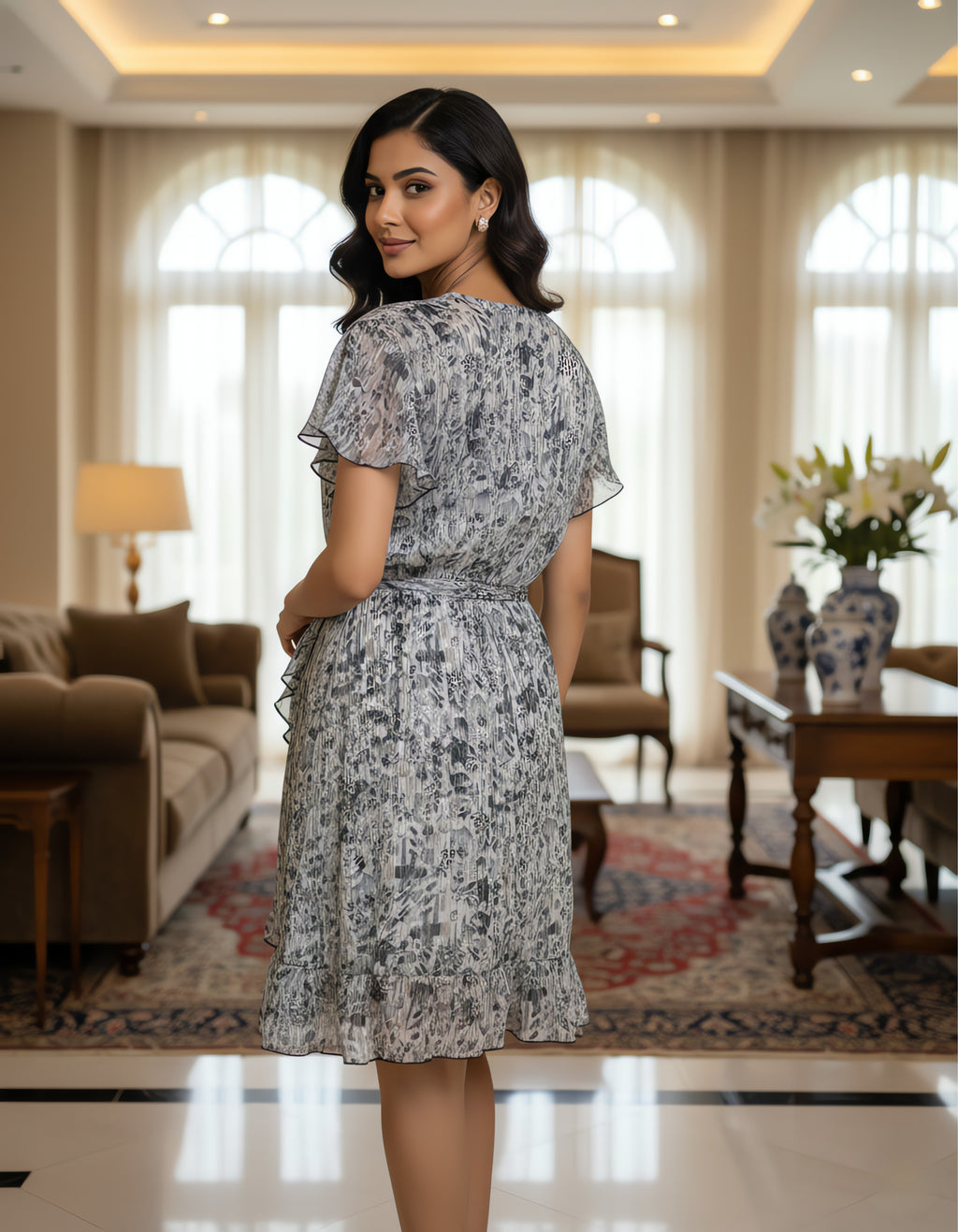 Grey Abstract Printed Georgette Short Wrap Dress – Viigobella