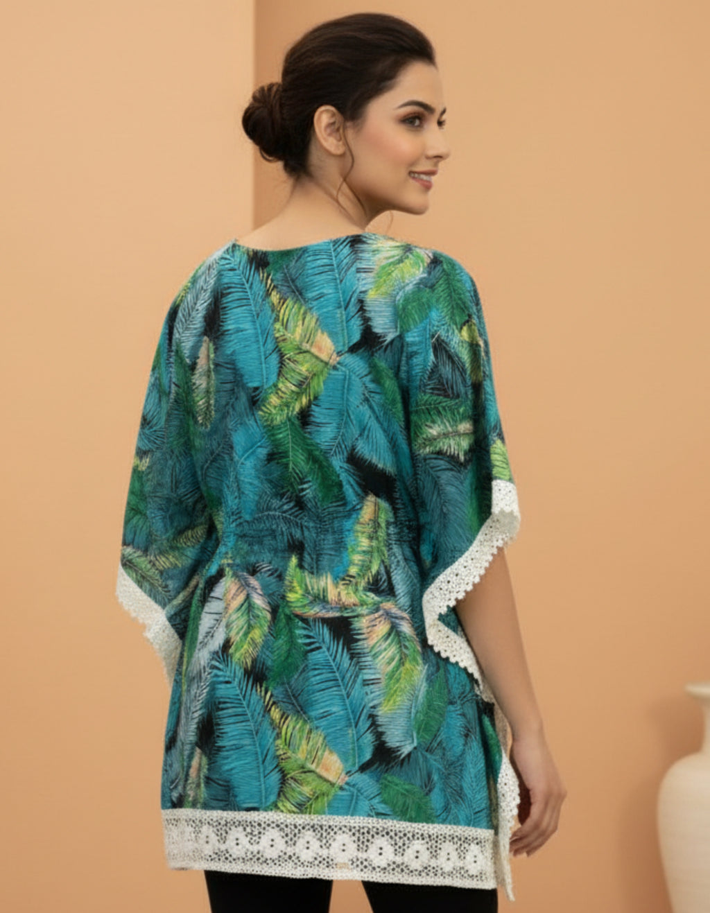 Tropical Printed Crepe Top with Lace Detailing | Stylish Casual Wear | Viigobella
