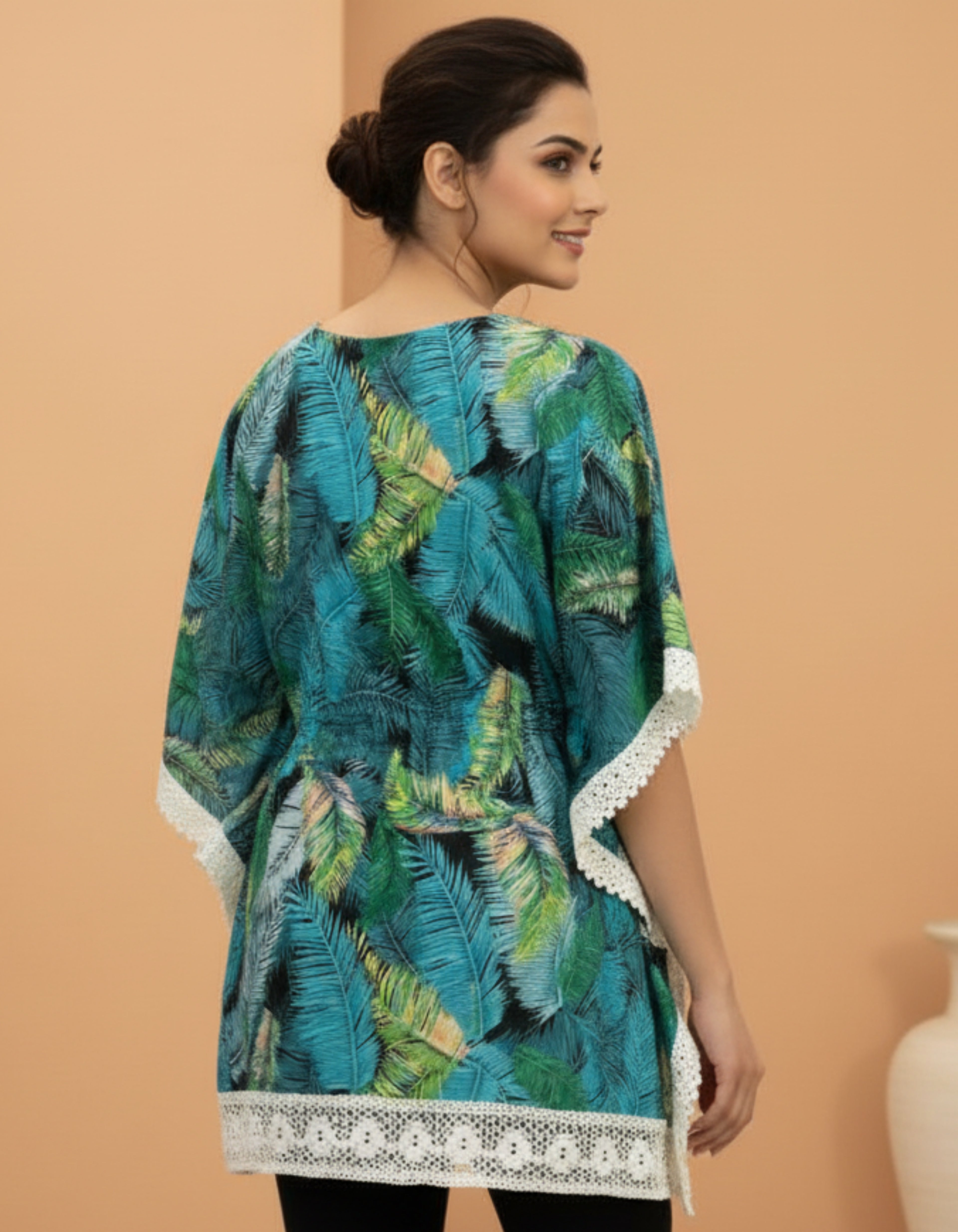 Tropical Printed Crepe Top with Lace Detailing | Stylish Casual Wear | Viigobella