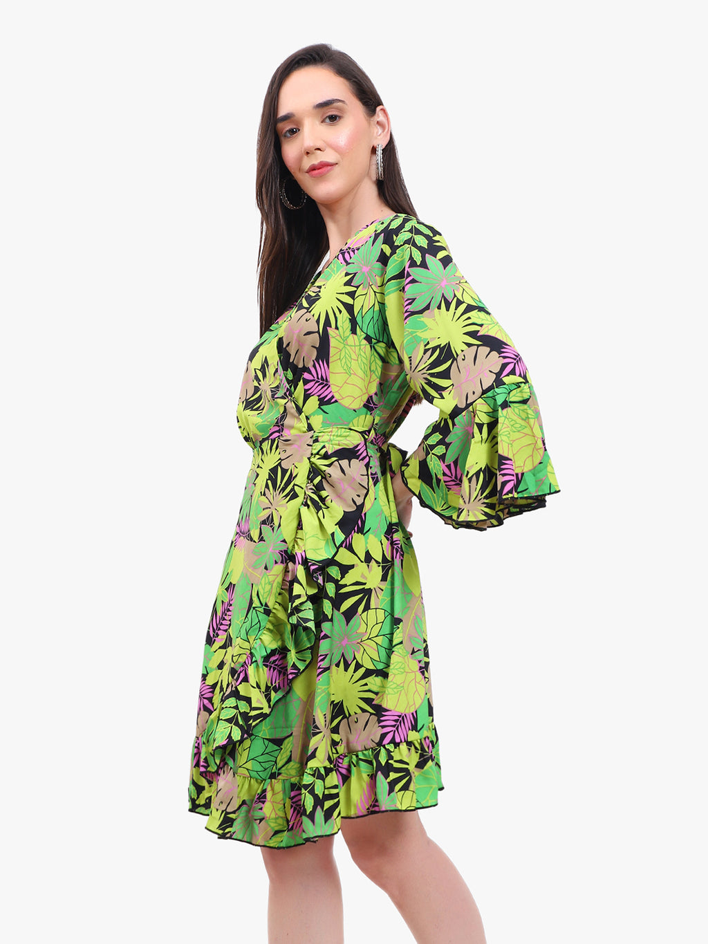 Women’s Printed Crepe Short Dress with Flared Sleeves – Export Quality