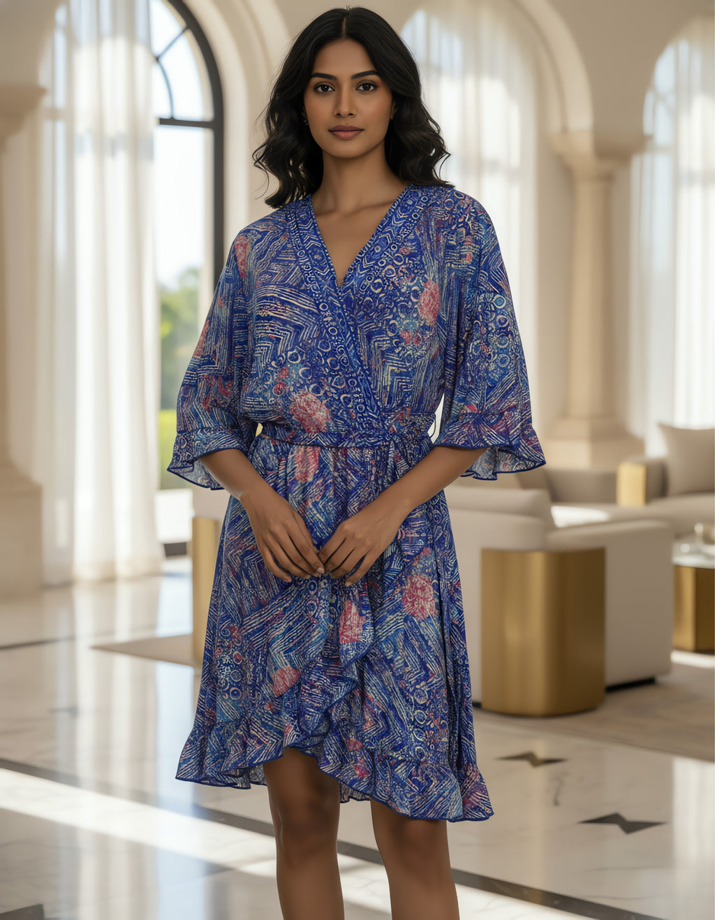 Viigobella Blue Abstract Printed Kasturi Silk Wrap Dress