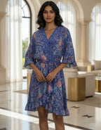 Viigobella Blue Abstract Printed Kasturi Silk Wrap Dress