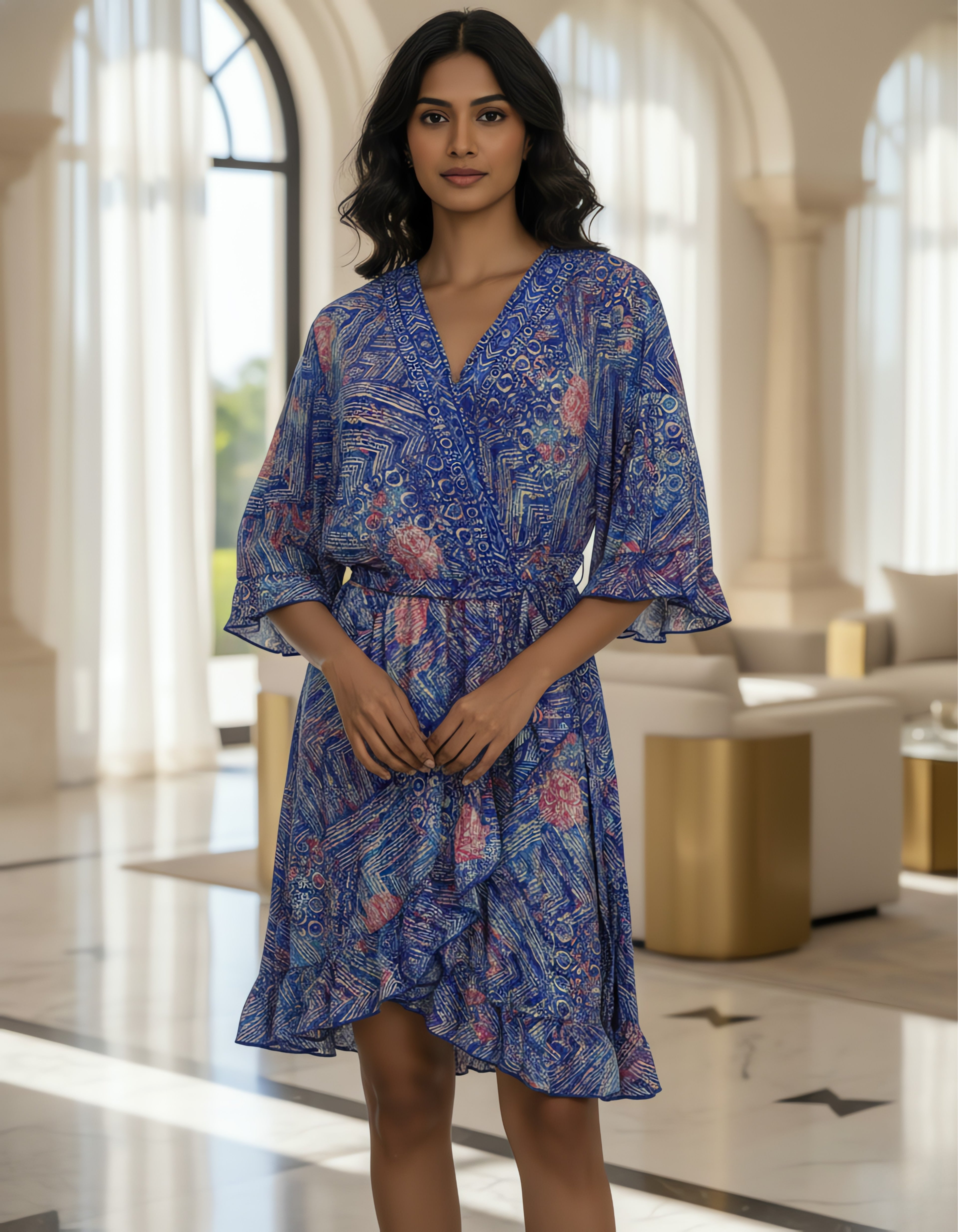 Viigobella Blue Abstract Printed Kasturi Silk Wrap Dress