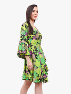 Women’s Printed Crepe Short Dress with Flared Sleeves – Export Quality