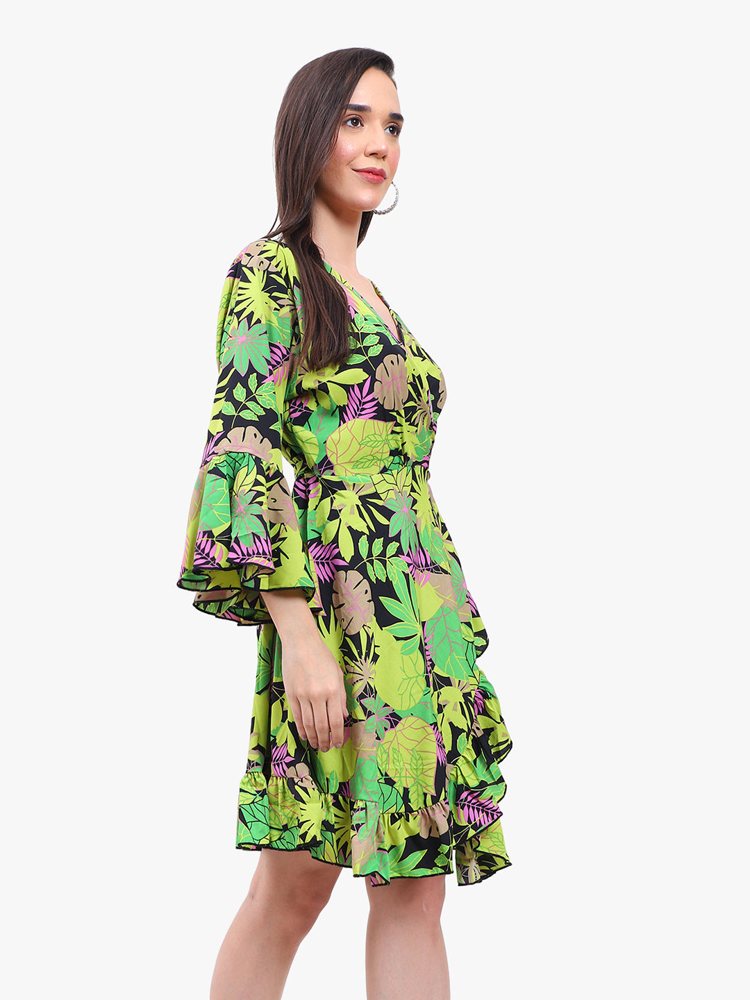Women’s Printed Crepe Short Dress with Flared Sleeves – Export Quality
