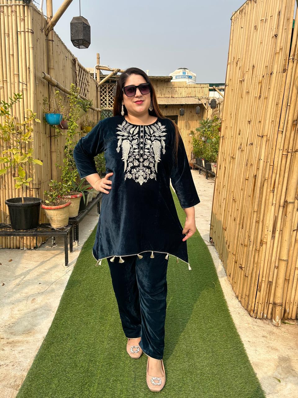 Viigobella Embroidered Velvet Cord Set – Kurti Style Top & Pant Co-Ord