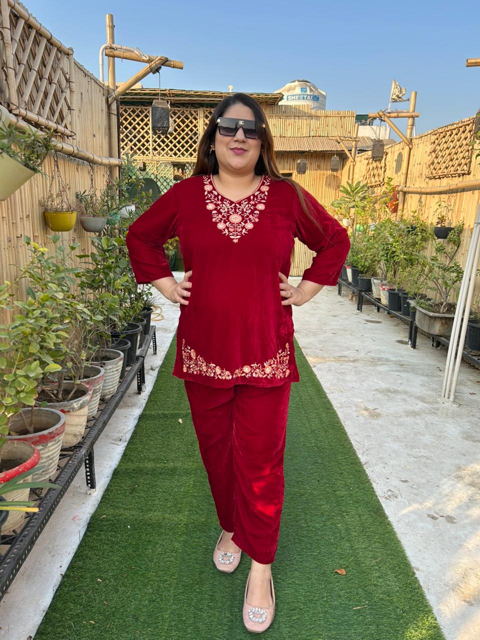 Viigobella Embroidered Velvet Cord Set – Top & Pant Co-Ord