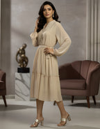 Viigobella Premium Georgette Midi Dress with Waist Belt & Long Sleeves