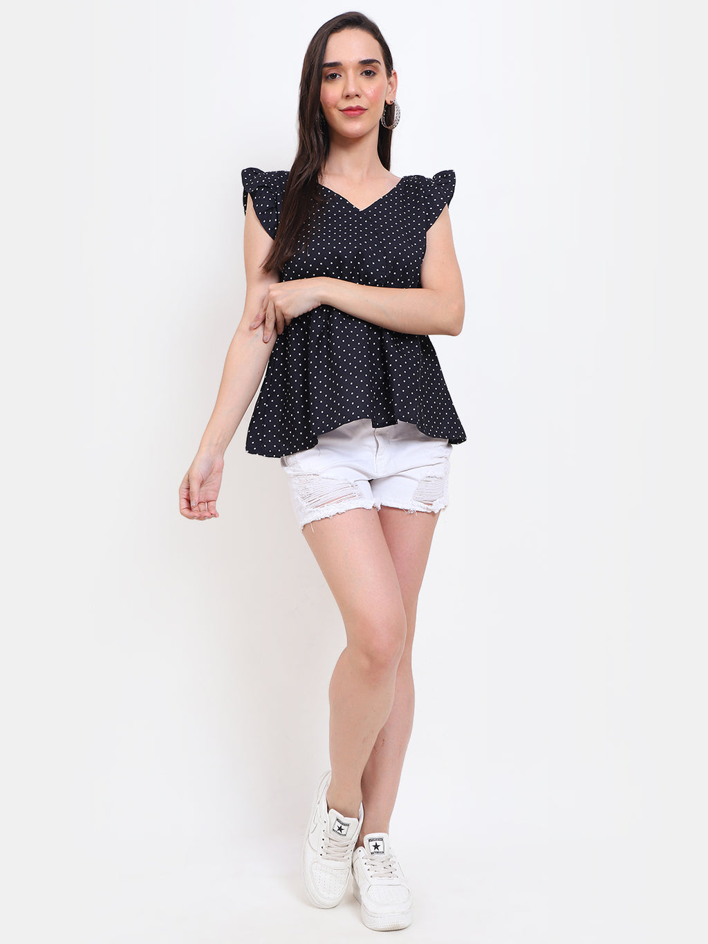 Viigobella Women’s Polka Dot Peplum Top in Black Crepe Fabric