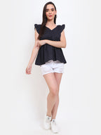 Viigobella Women’s Polka Dot Peplum Top in Black Crepe Fabric