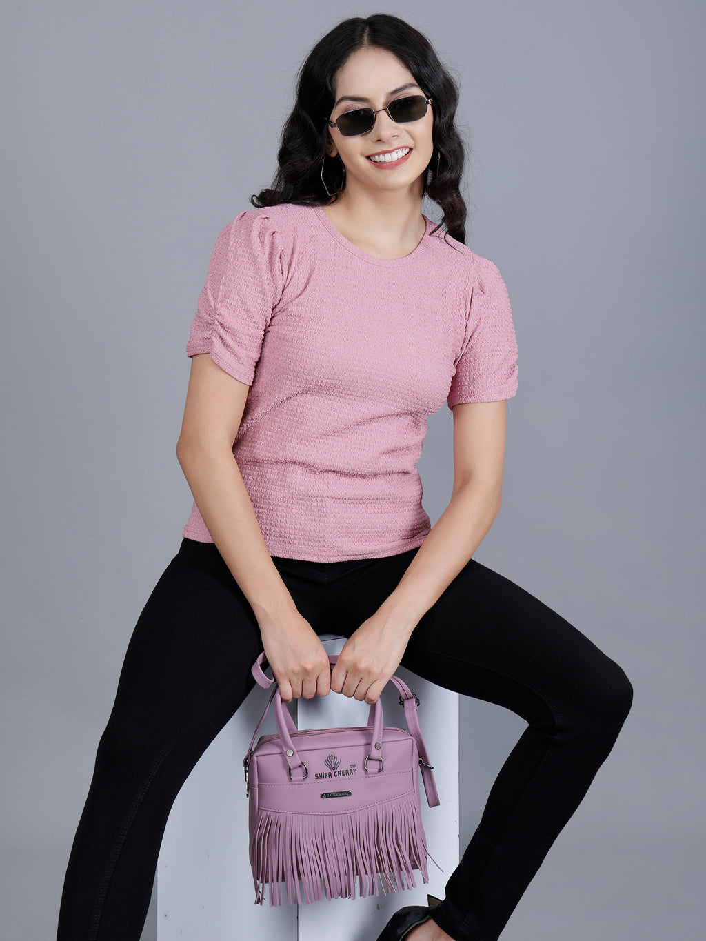 Viigobella Women’s Puff Sleeve Top in Pink Cotton Fabric