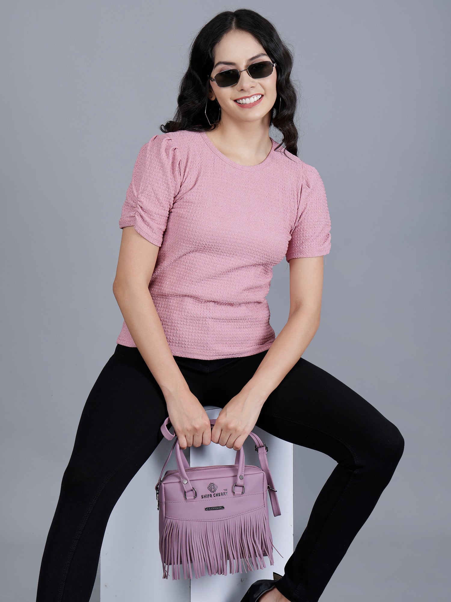 Viigobella Women’s Puff Sleeve Top in Pink Cotton Fabric