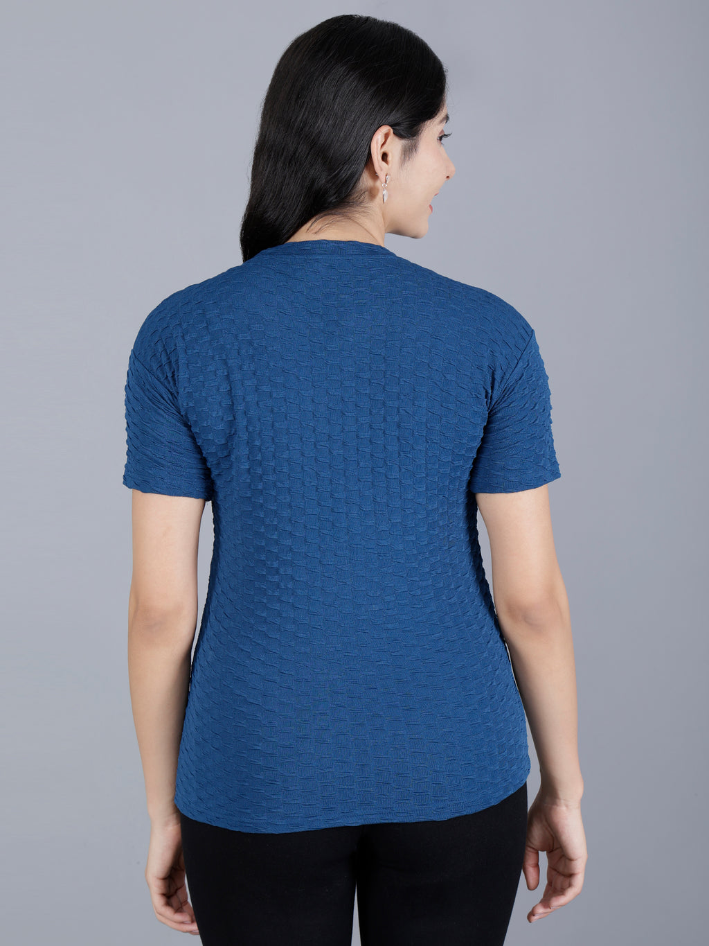 Viigobella Women’s Textured Short Sleeve Top in Navy Blue Cotton Fabric