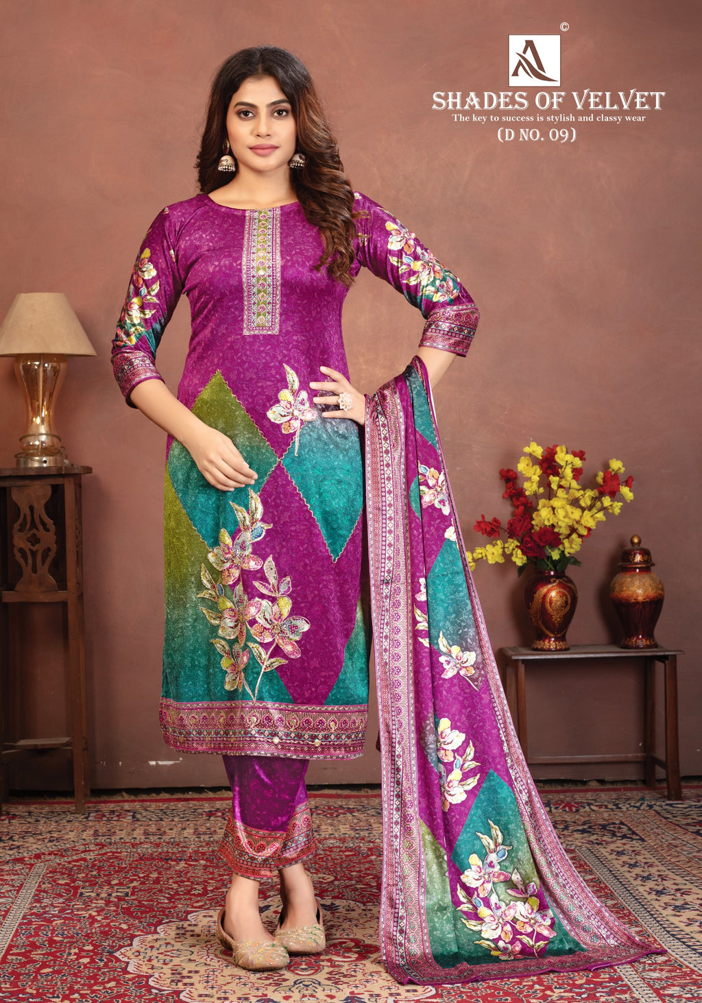 Premium Velvet Floral Printed Suit Set with Dupatta