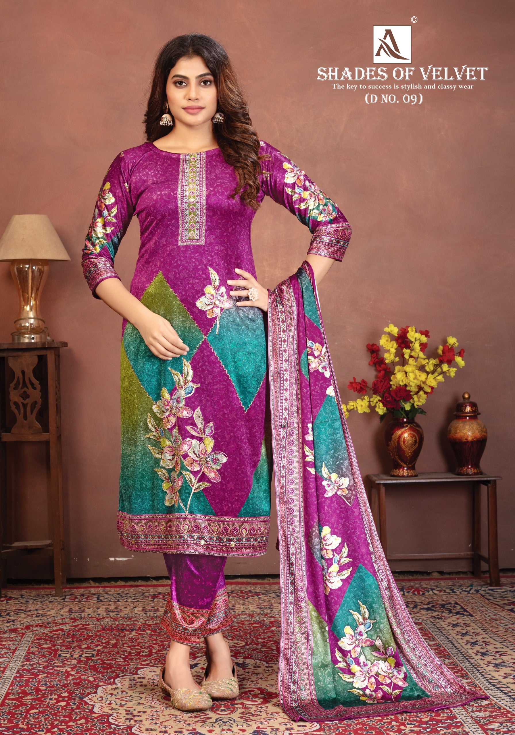 Premium Velvet Floral Printed Suit Set with Dupatta
