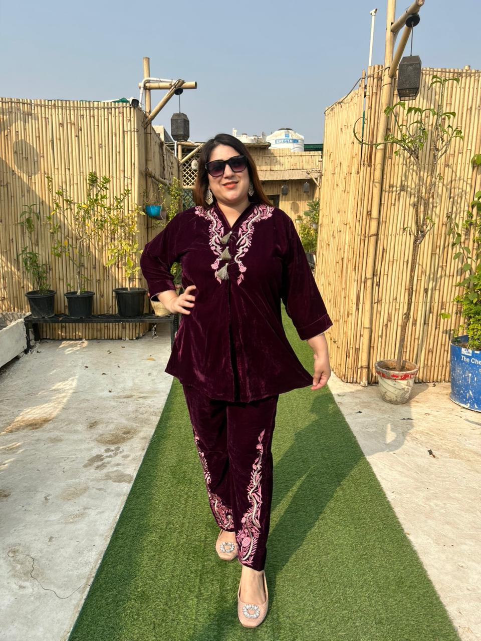 Viigobella Embroidered Velvet Cord Set with Tassels – Top & Pant Co-Ord