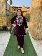 Viigobella Embroidered Velvet Cord Set – Kurti Style Top & Pant Co-Ord