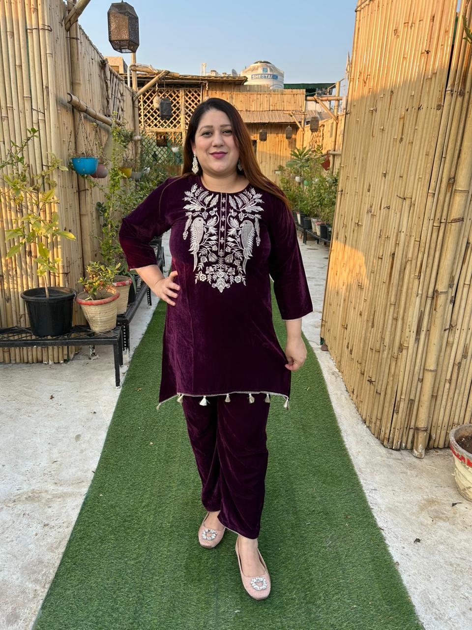 Viigobella Embroidered Velvet Cord Set – Kurti Style Top & Pant Co-Ord