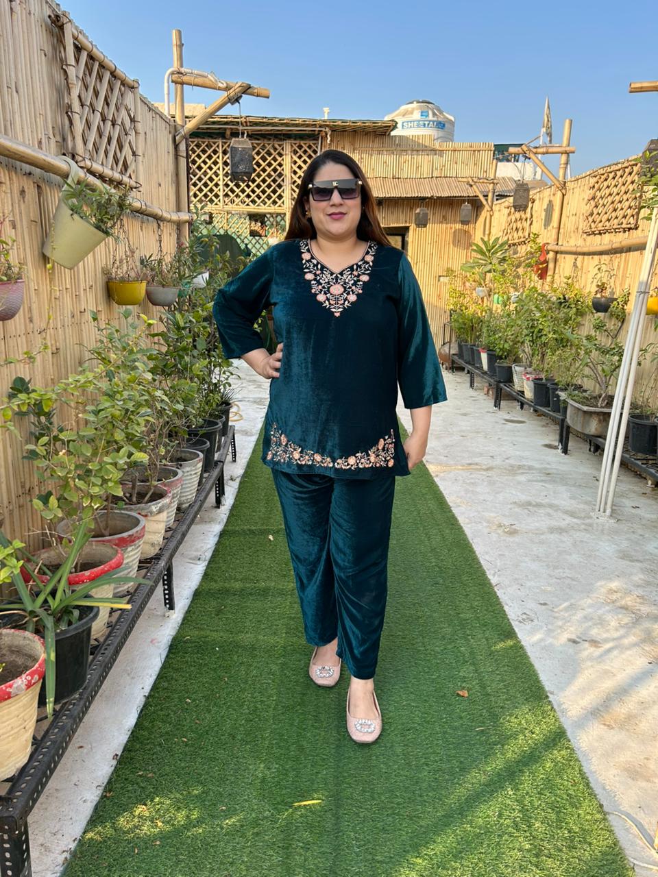 Viigobella Embroidered Velvet Cord Set – Designer Top & Pant Co-Ord