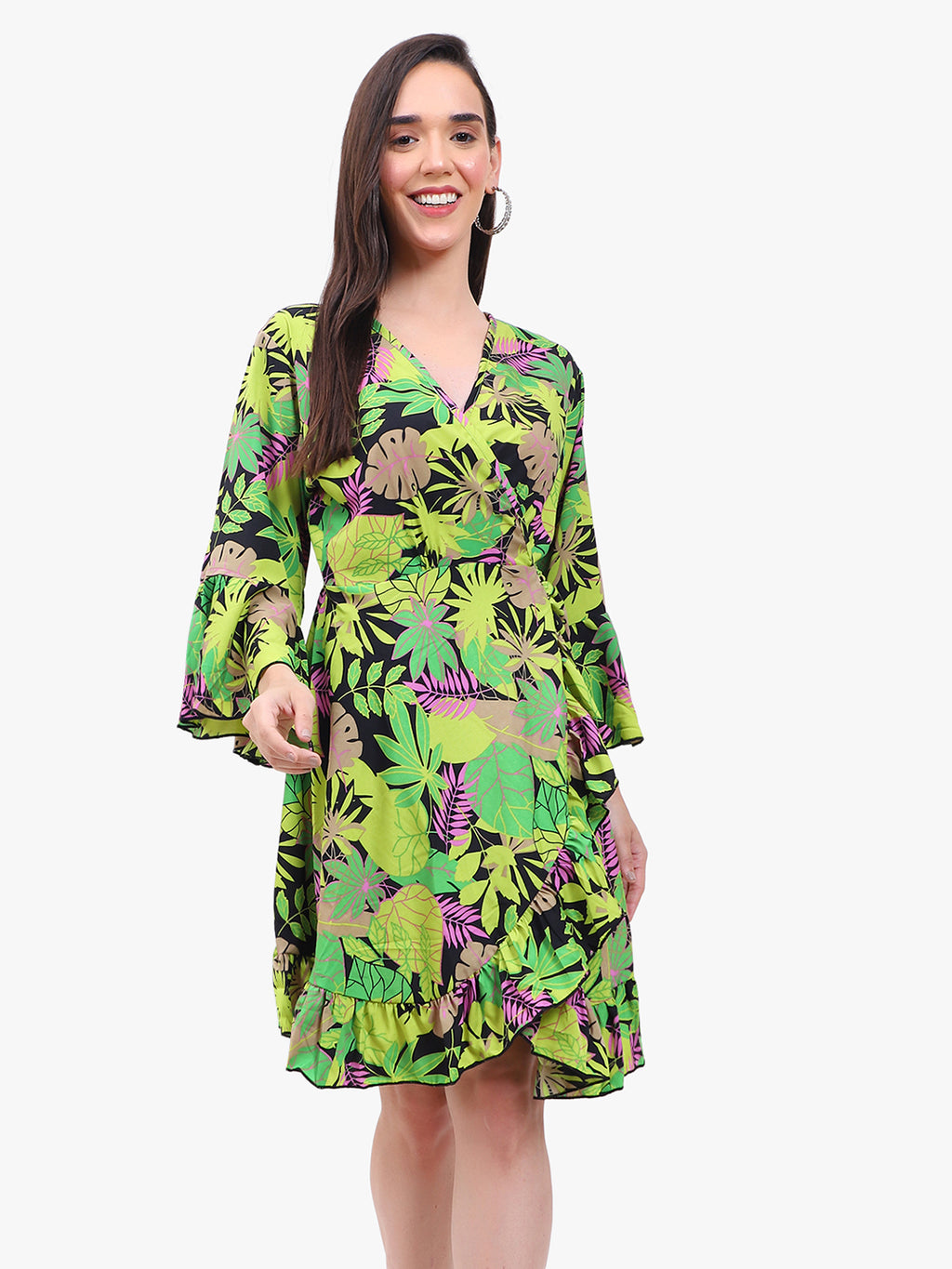 Women’s Printed Crepe Short Dress with Flared Sleeves – Export Quality