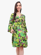 Women’s Printed Crepe Short Dress with Flared Sleeves – Export Quality