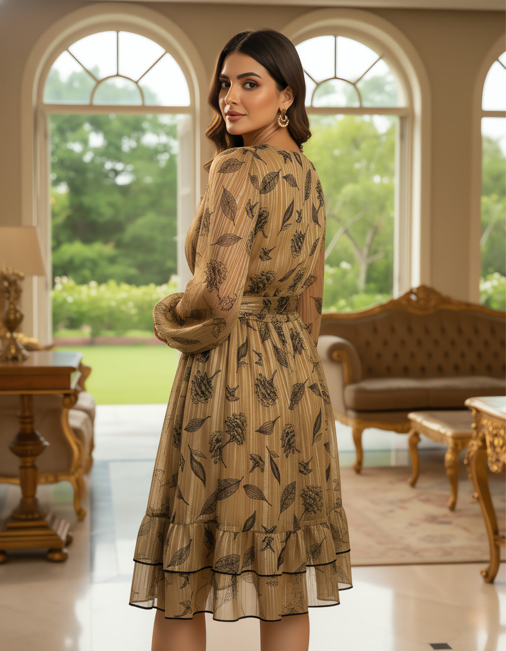 Leaf Printed Georgette Lurex Midi Dress for Women – Viigobella