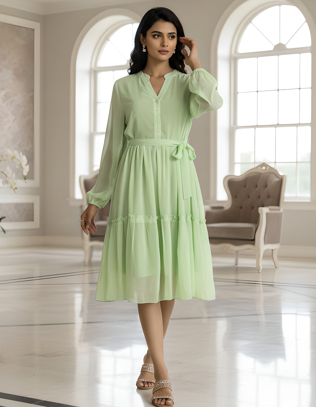 Elegant Solid Georgette Midi Dress with Belt & Full Sleeves