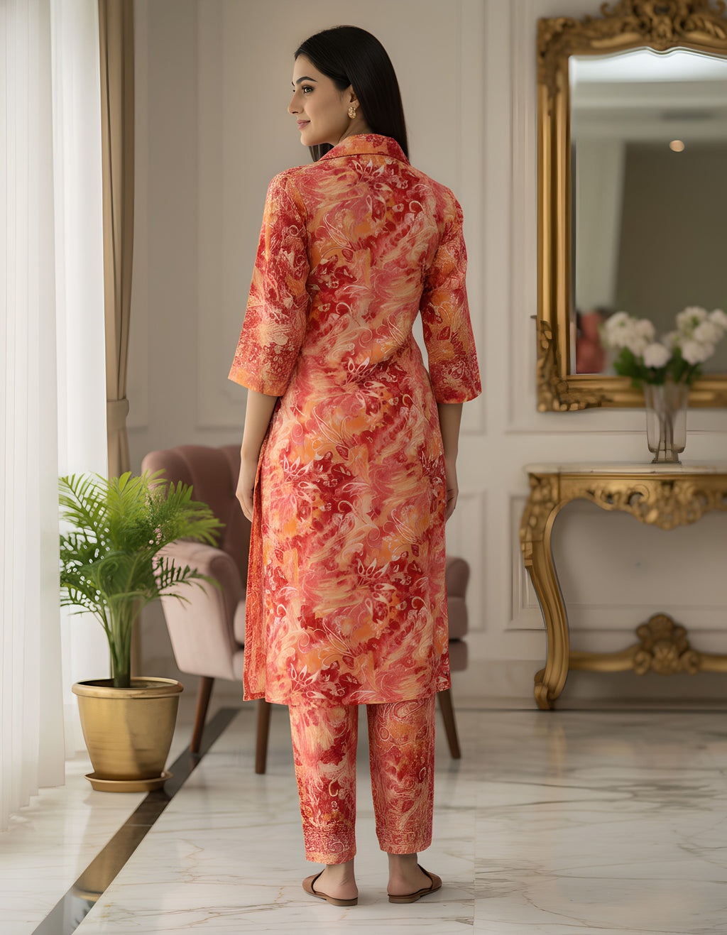 Peach Red Abstract Long Shirt Co-ord Set in Kasturi Silk – Viigobella