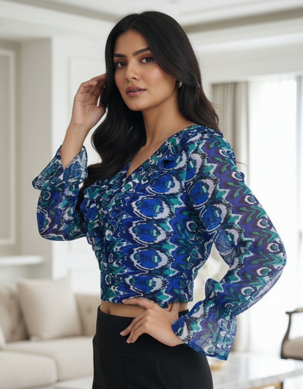 Blue Abstract Print Georgette Crop Top with Flounce Sleeves | Viigobella