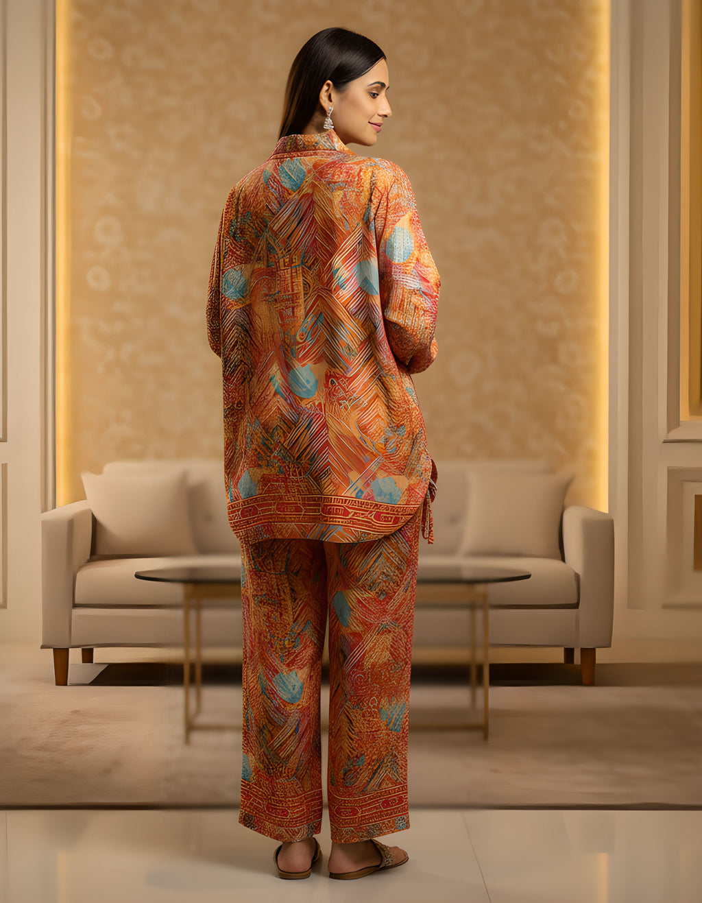 Rust Orange Printed Kasturi Silk Cord Set for Women