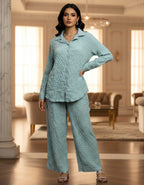 Women’s Aqua Blue Textured Button-Down Co-ord Set