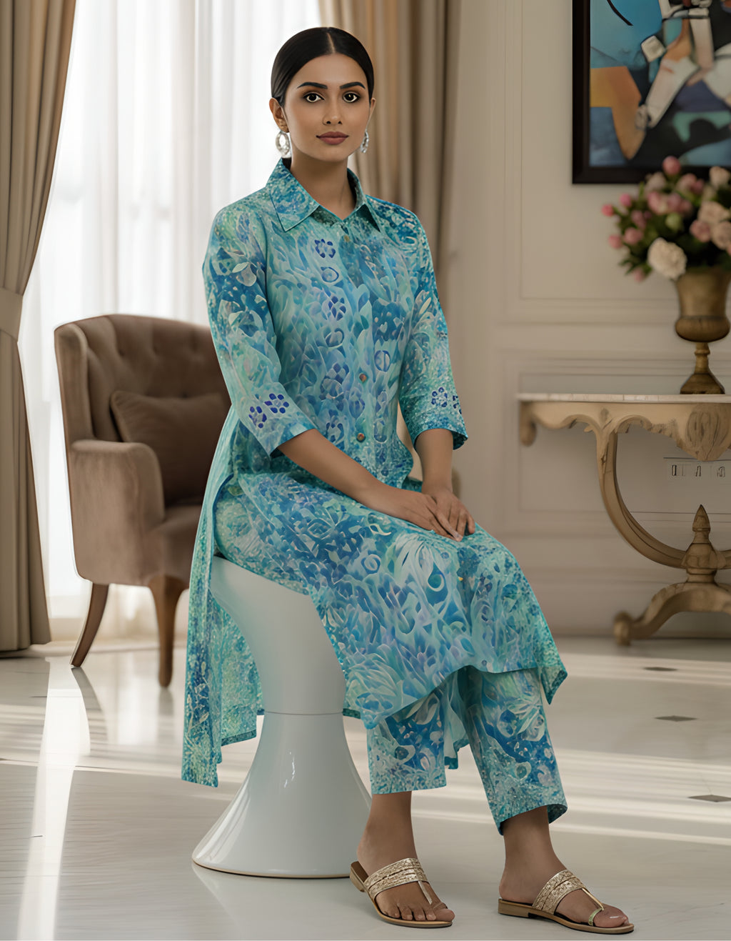 Aqua Blue Abstract Long Shirt Kurta Co-ord Set in Kasturi Silk – Viigobella