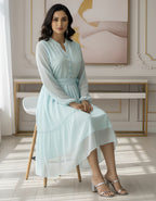 Elegant Solid Georgette Midi Dress with Belt & Full Sleeves