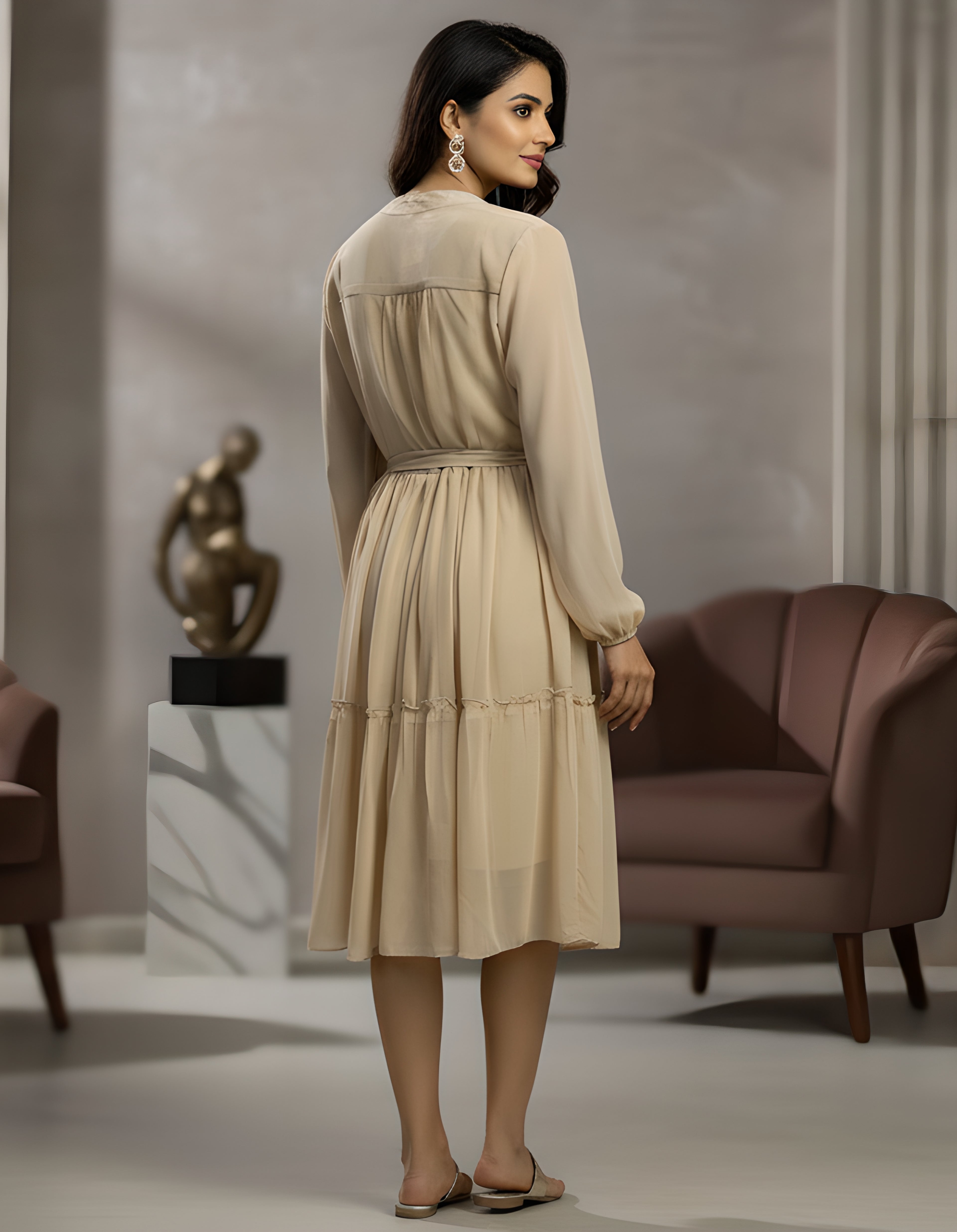 Viigobella Premium Georgette Midi Dress with Waist Belt & Long Sleeves