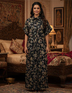 Viigobella Vertigen Fabric Black Botanical Printed Shirt-Style Long Dress